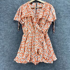 Angie Jumpsuit Women M Medium Orange Floral V-Neck Elastic Waist Short Sleeve